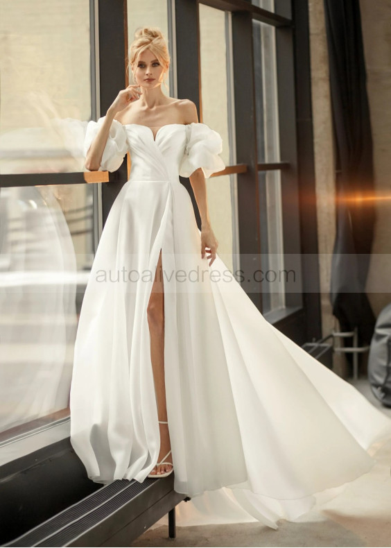 Sexy Ivory Organza Slit Wedding Dress With Detachable Sleeves Sexy Ivory Organza Slit Wedding Dress With Detachable Sleeves